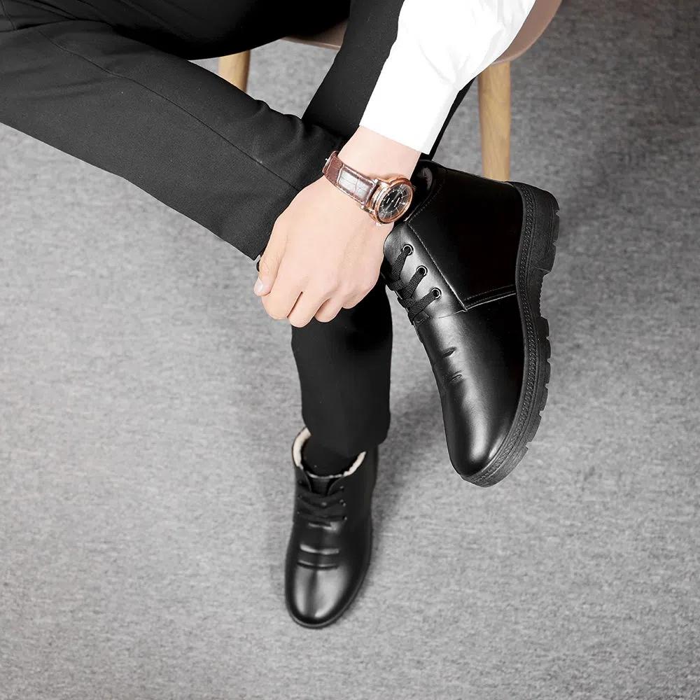 Winter Korean Warm Plus Velvet Men's Leather Shoes Large Size Black Cotton Shoes Non-slip Business Casual Warm Shoes