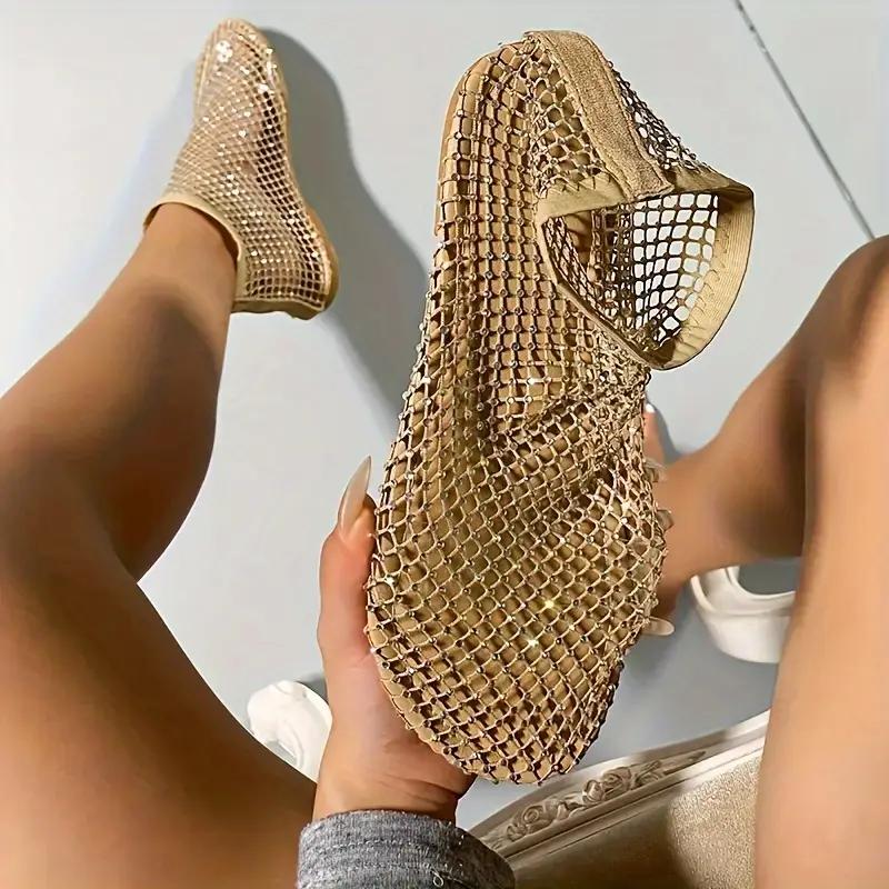 Women's Rhinestone Decor Flat Shoes, Casual Hollow Out Design Summer Shoes, Comfortable Slip On Shoes