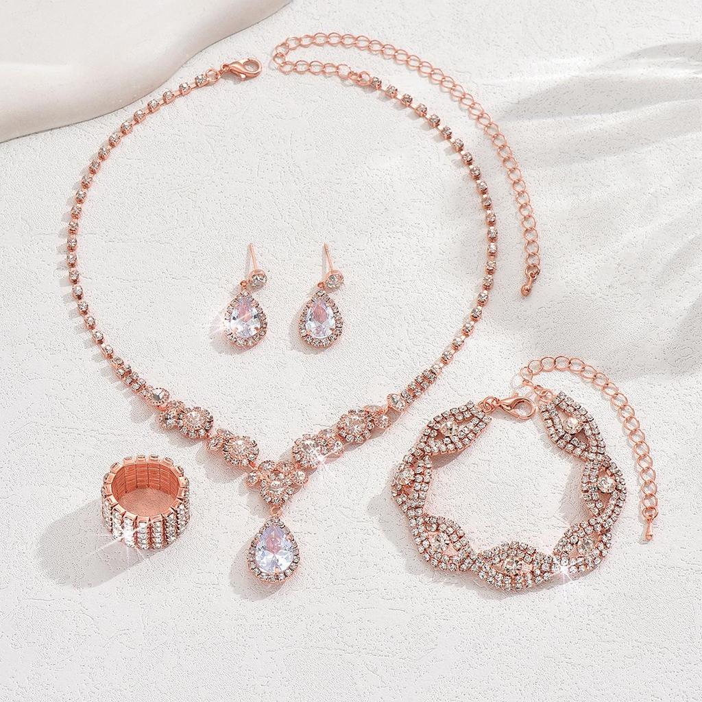 Bridal Jewelry Set: Rhinestone Zircon Teardrop Necklace, Earrings, Bracelet, Ring