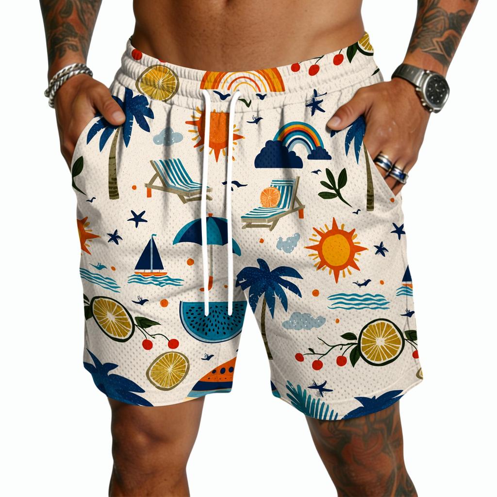 Men's Casual Lightweight Quick Dry Drawstring Shorts with Tropical Leaf Print Five Inch Inseam Beachwear Swim Trunks