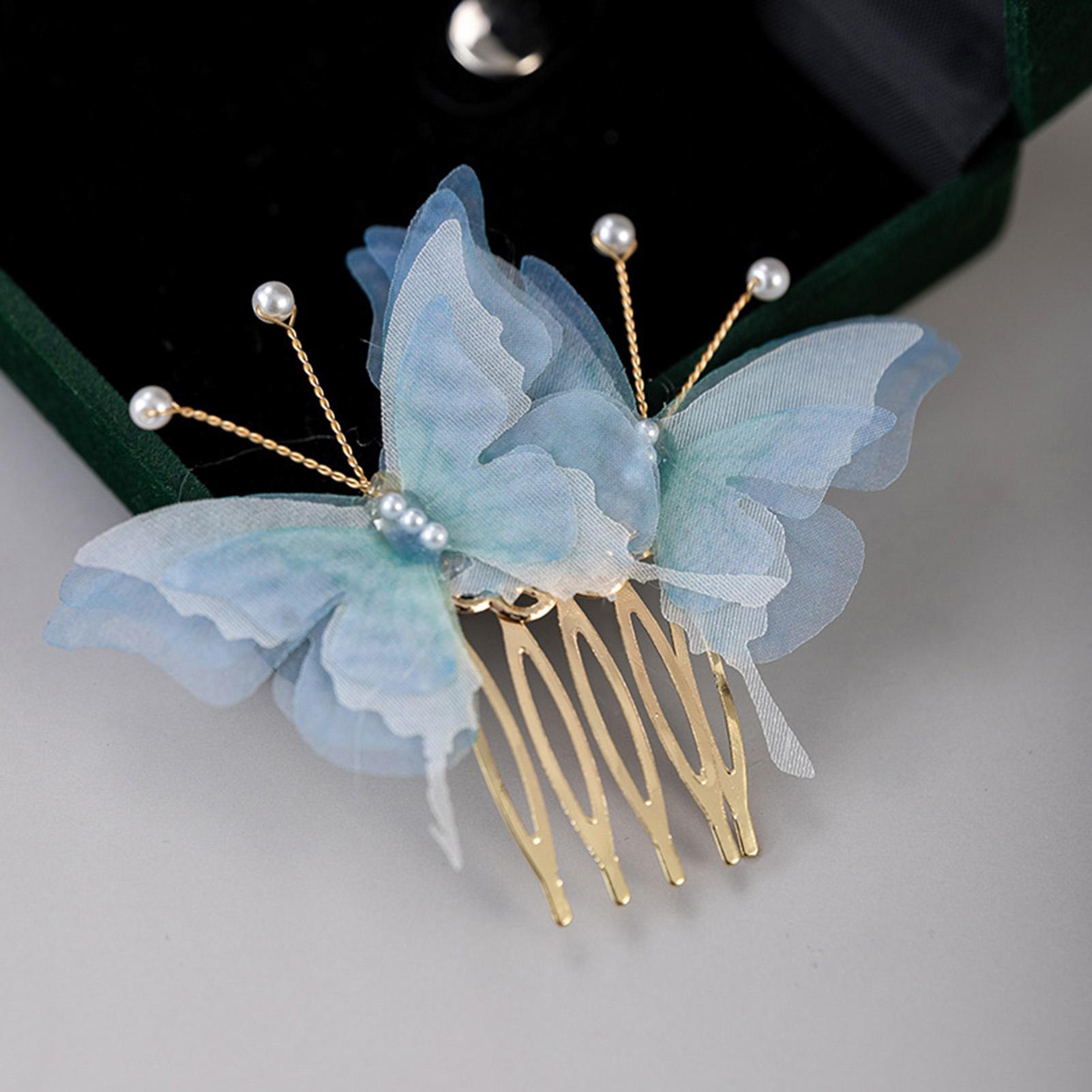 Handmade Butterfly Hair Coms Pink/Purple/Blue Butterfly Hairpins Elegant Pearls Headpieces Retro Chinese Style Hair Jewelry