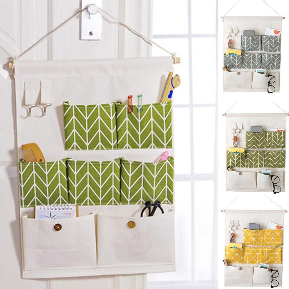 Baumwolle Leinen 7 Taschen Hängebeutel Wandmontierter Kosmetik-Spielzeug-Organizer Schmuck