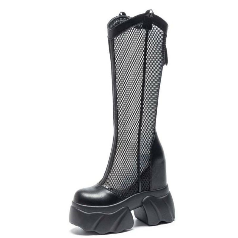 

Модные Горячие Качественные 11СМ Ботильоны из Воздушной Сетки Кожа из Микрофибры Летняя Модная Обувь Сапоги до Колена Платформа Танкетка Балетки Сандалии Женские 39 чёрный