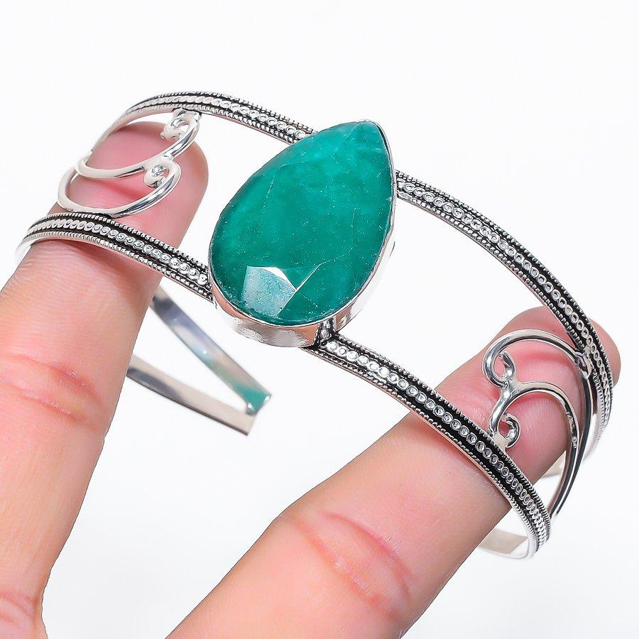 Emerald(Simulated) Gemstone 925 Sterling Silver Cuff Bangle Adj Y6n50
