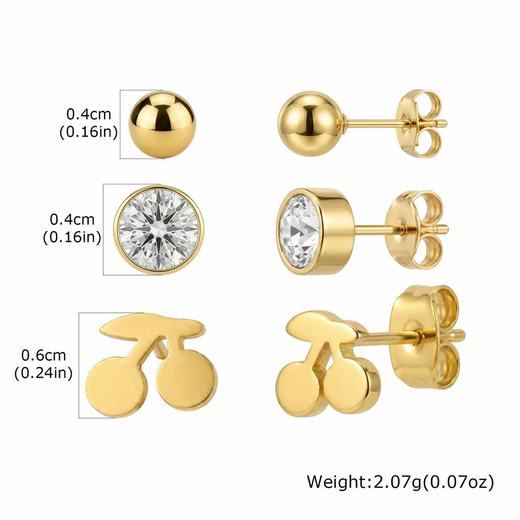 3 Paar Set Ohrstecker Edelstahl Herz Stern Schmetterling Mond Kirsch Klee Zirkonia Piercing Schmuck für Damen Anlaufgeschützt