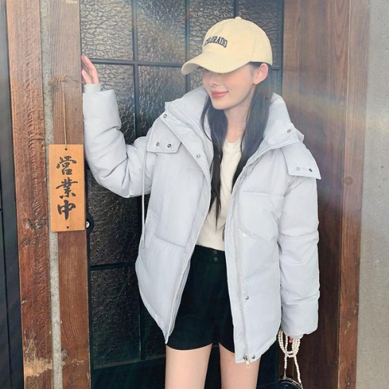 

New Light Blue Hooded Short Cotton Coat for Small Women Korean Style Thickened and Slimming Cotton Coat L