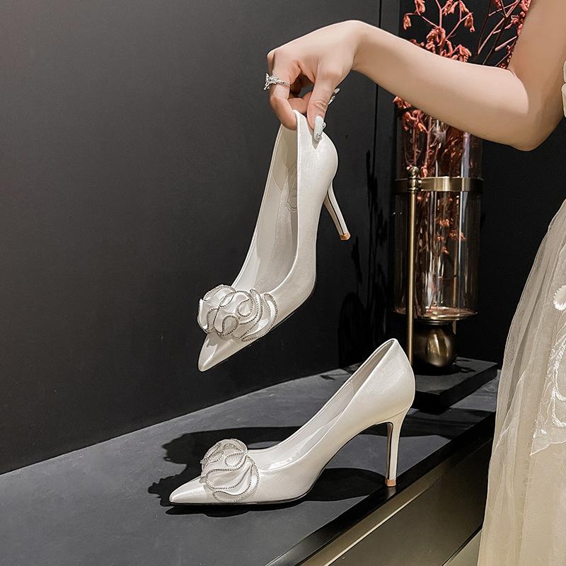 Fashion Women's French Wedding Shoes Satin White Elegant Sexy Flower Bridal Heels for Bride Party Ceremony