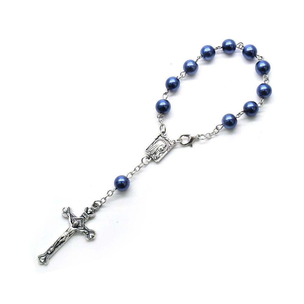 QIGO Car Rosary  One Decade Imitation Pearl Glass Beads Cross Pendant Bracelets For Men Women