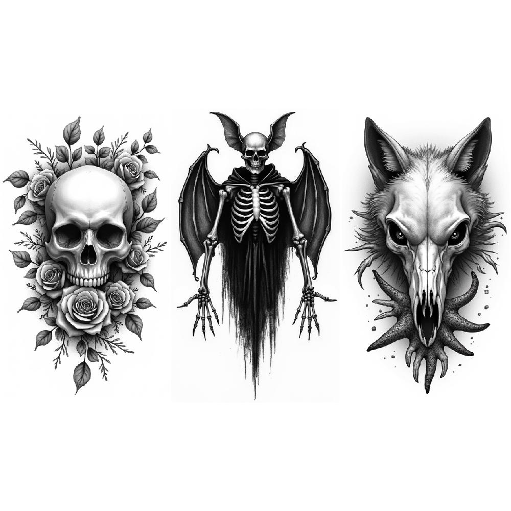 3pcs Temporary Tattoo Black And Grey Realism Skeleton With Bat Wings Wolf Skull Skull With Roses For Women Thighs Men