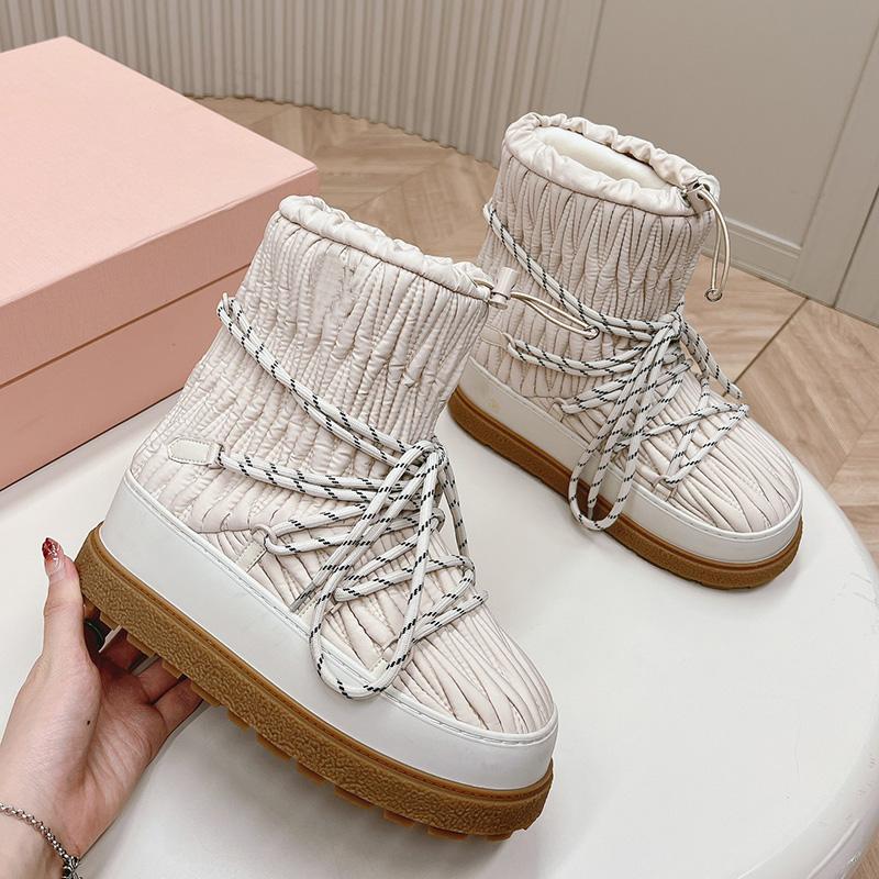

2025 autumn and winter new lamb wool nylon strap thick-soled snow boots warm down thickened waterproof pleated women s boots 40 белый