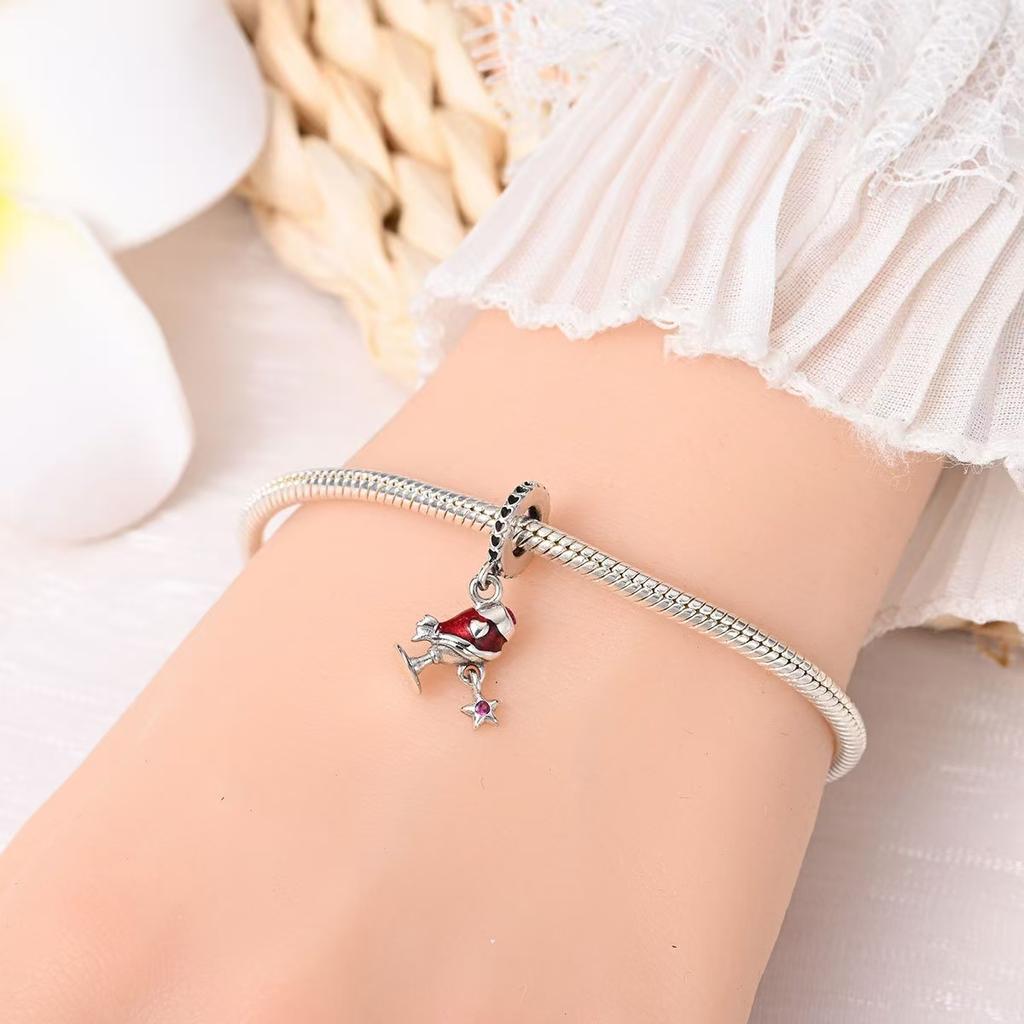 Colgante de copa de vino y cerveza con diseño creativo original, cuentas de plata 925, estilo DIY, accesorios de joyería, pulsera, regalo, accesorios de pulsera con dijes.