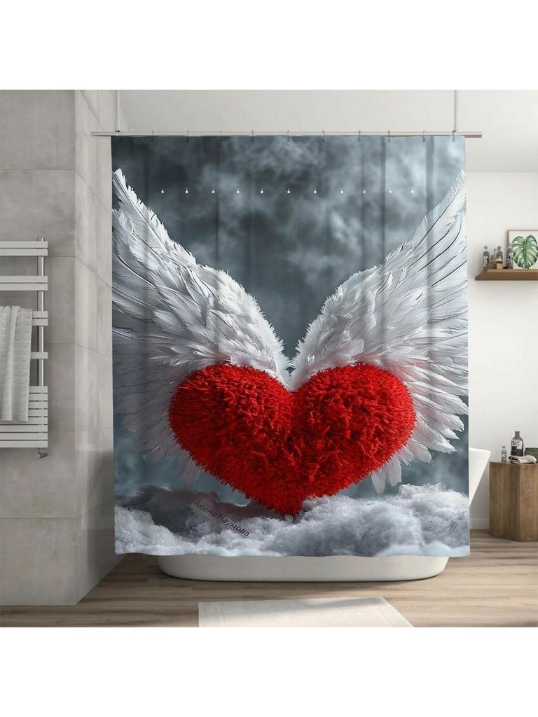 Red Heart with Angel Wings Waterproof Shower Curtain Heat Resistant Machine Washable Non-Transparent 180x180cm