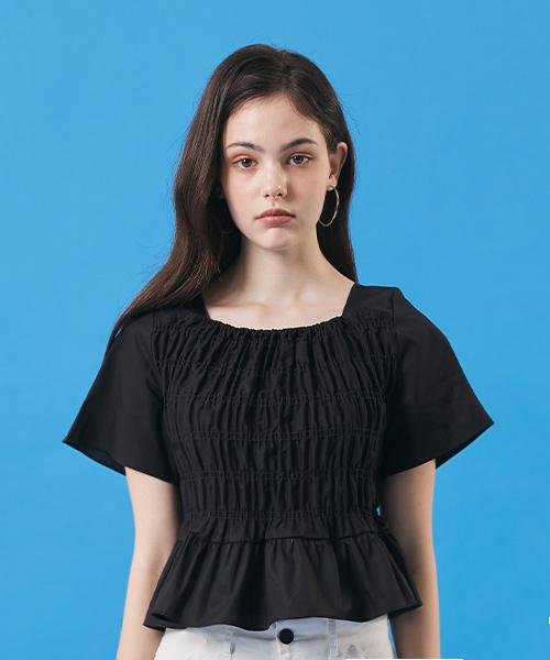 KOLEAT Women Crop Pleated Vienna Flare Short Sleeve Tee [Black]