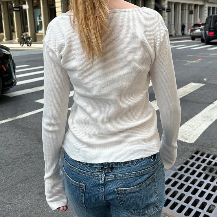 Spring Summer Women's Y2K Casual Solid Colour Button V-Neck Knit Long Sleeve Top