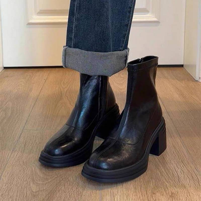French Thin Boots Thick Heel Martin Boots Fashionable Small Thick Sole Heightening Martin Boots Women's New Autumn and Winter
