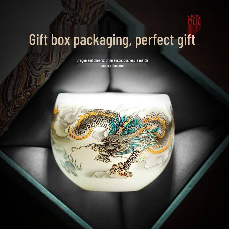 Mutton Fat Jade Porcelain Dragon & Phoenix Teacups