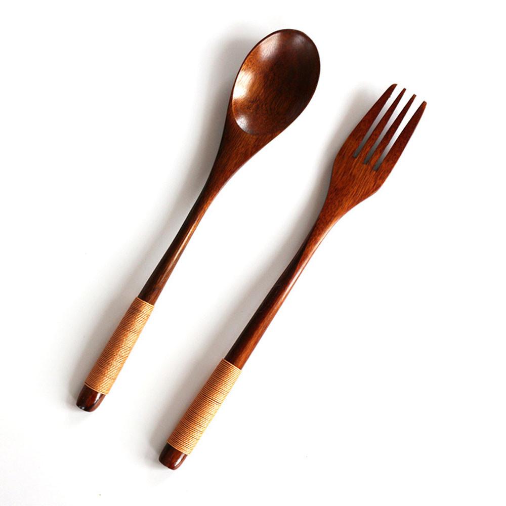 2PC Western Tableware Wood Fork Spoon Dessert Fruit Serving Children Food Utensi