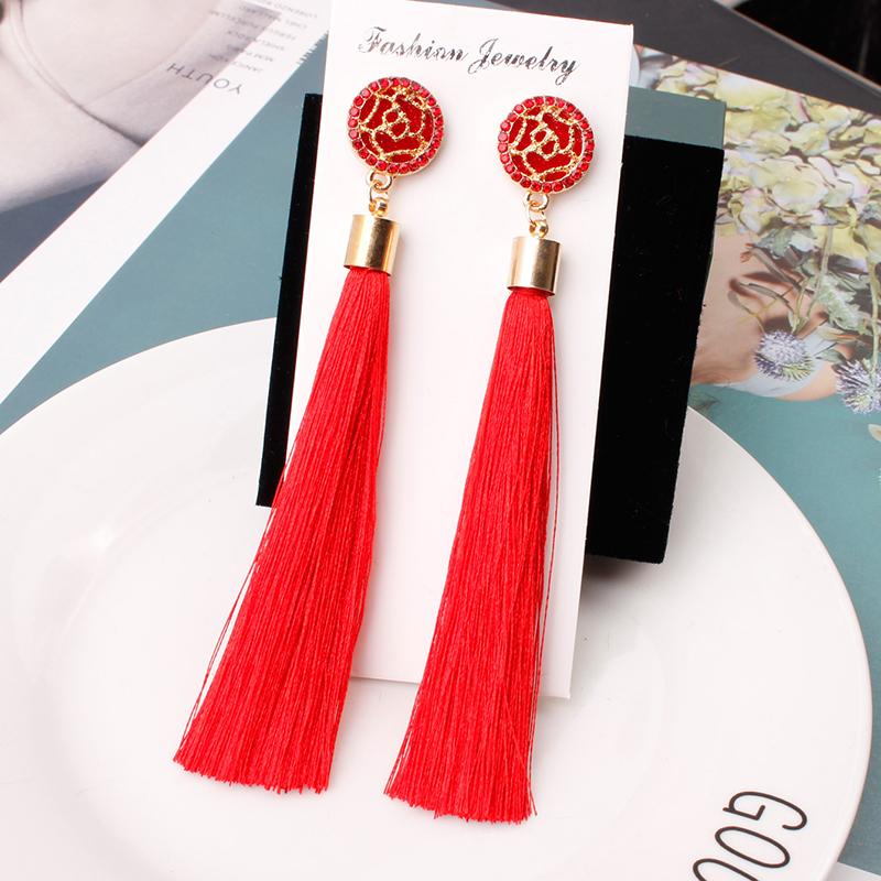 

Bohemian Crystal Rose Flower Long Tassel Drop Earrings For Women Girls Red White Black Silk Fabric Fringe Dangle Earings Zircon красный