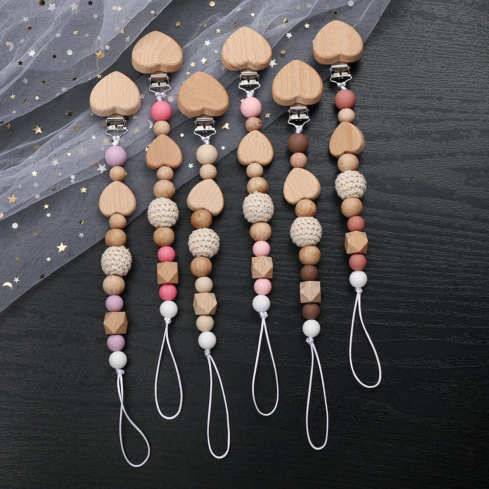 New Beech Wooden Baby Pacifier Chain Clip Heart Beads Silicone Beads Dummy Nipple Holder  for Newborn Teether Pendant Toys Gift
