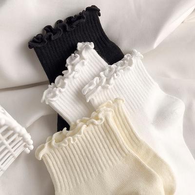 Baumwollsocken Damen INS Mode Sommer Süß Kawaii Einfarbig Luxus Koreanisch Japanisch Rüschen Knöchel Mädchen Frühling Schwarz Weiß Mittellang