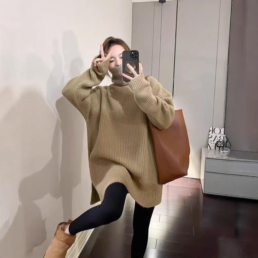 New solid color simple turtleneck hem slit thick pullover sweater for women, warm layered knit sweater