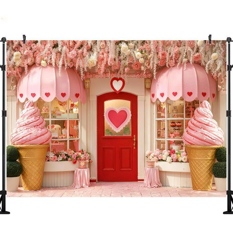 Photography Backgrounds Pink Valentine Day Dessert Shop Floral Ice Cream Decor Birthday Cake Smash Kids Portrait Photo Backdrop
