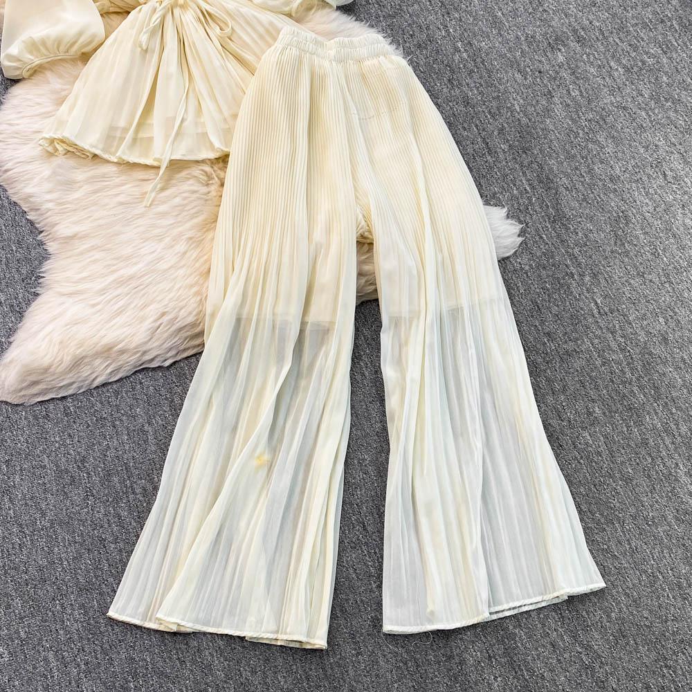Spring Summer Women Pleated Two Piece Set Elegant V-Neck Draped Chiffon Blouse + High Waist Wide Leg Pants 2Pcs Suit Female New