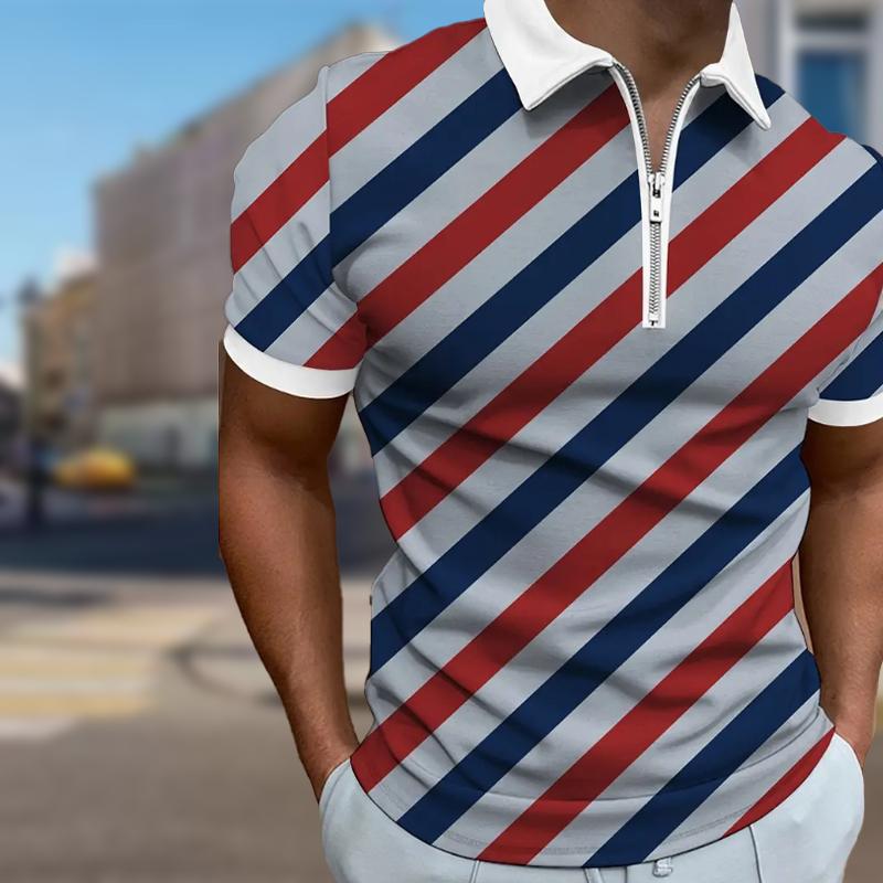 Men's Shirt Polo Casual Zip Short Sleeve Fashion Casual Zipper Summer Spring Regular Fit Hypotenuse Line 3D Print Shirt