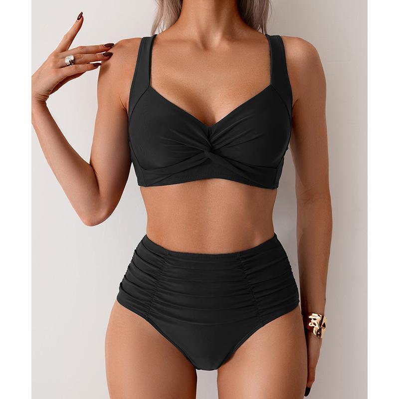 

Elegant Solid Swimsuit Women Sexy Slim Pleated High Waist Bikini Split Bathing Suit 2025 New Simple Classic Beachwear Swimwear S чорний