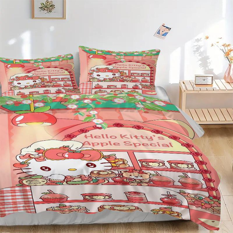 

3pcs Sweet Celebration of Flavors and Friends Hello Kitty Quilt Cover Set - Soft & Comfortable Polyester Fabric, All-Season Breathable Comforter 135x200cm
