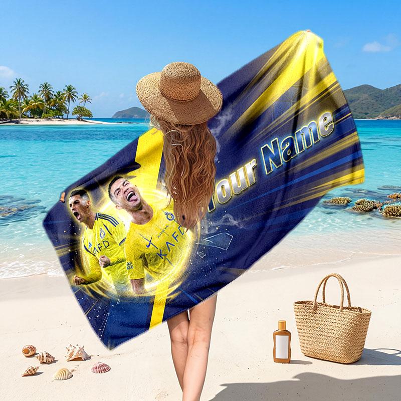 Cristiano Ronaldo Custom Beach Towel, Personalized Name Text Print, Football Logo Soft Quick‑Dry Towel Holiday Gift