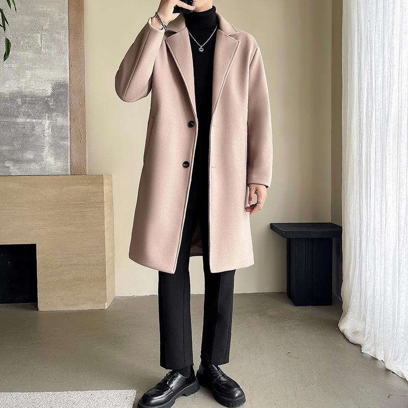 Pánský vlněný kabát střední délky volného střihu, trendy, jednobarevný, plus bavlněný kabát pro muže