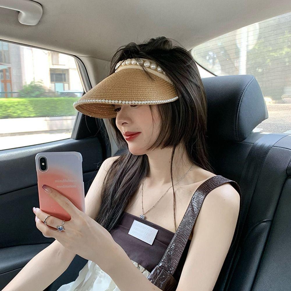 Wide Brim Sun Hat Pearl Decorated Straw Hat Imitation Pearl Beach Hat  UV Protection