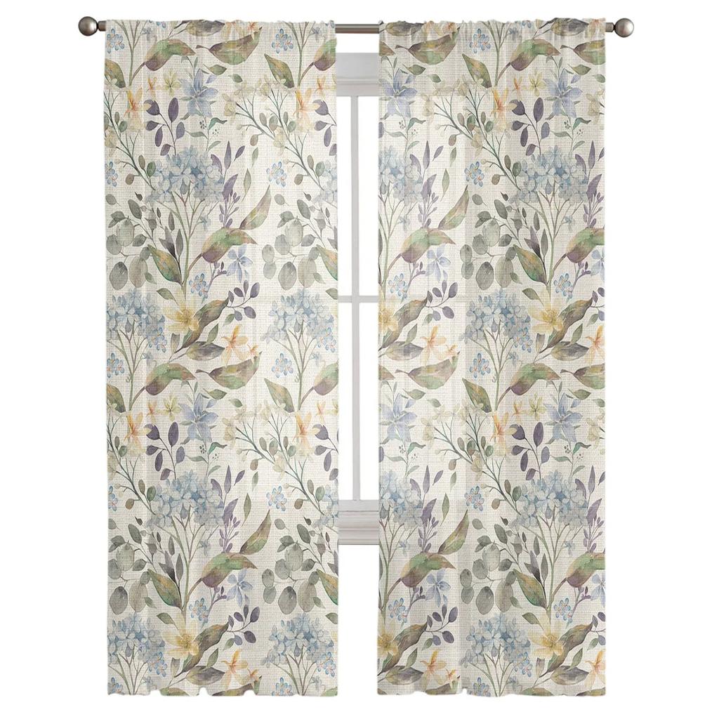 Spring Flowers Hydrangeas Sheer Curtains Transparent Voile Tulle for Bedroom Window Holiday Decoration