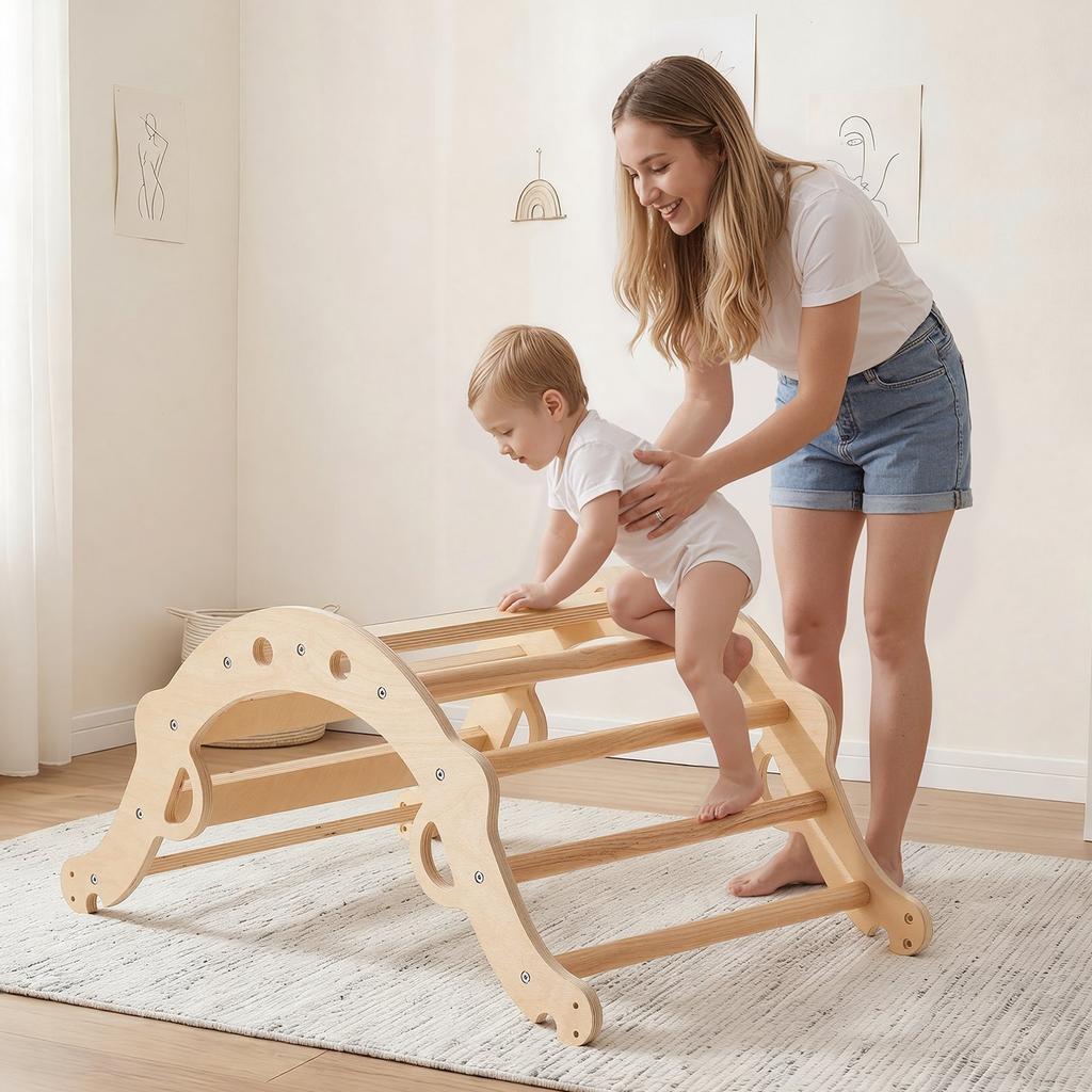Pikler Triangle Set, 9-in-1 Toddler Climbing Toys Indoor, with 2 Wooden Cars, Cushion, Triangle, Arch, and Ramp, 68 kg Load, Foldable Montessori