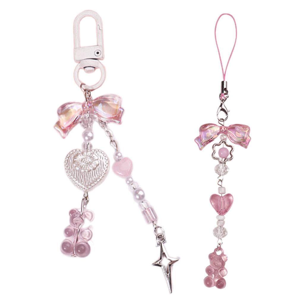 Fashion Bear Bowknot Bead Hangings Pendant Sweet Phone Strap Bag Decoration Portable Hangings Lanyard for Girls Women