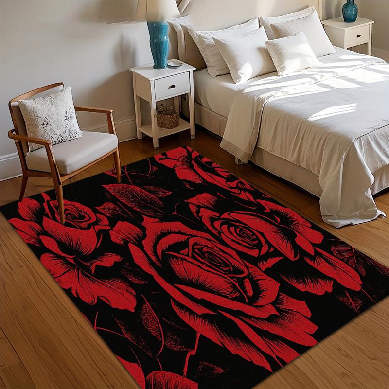 Valentine's Day Gothic Red Rose Area Rug Dark Floral Print Non Slip Washable Bedroom Living Room Carpet Retro Romantic Decor