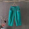 Women's Casual Summer Cotton Hemp Cropped Pants Wide Leg Mid Rise Elastic Waistband Solid Color Comfortable Trendy