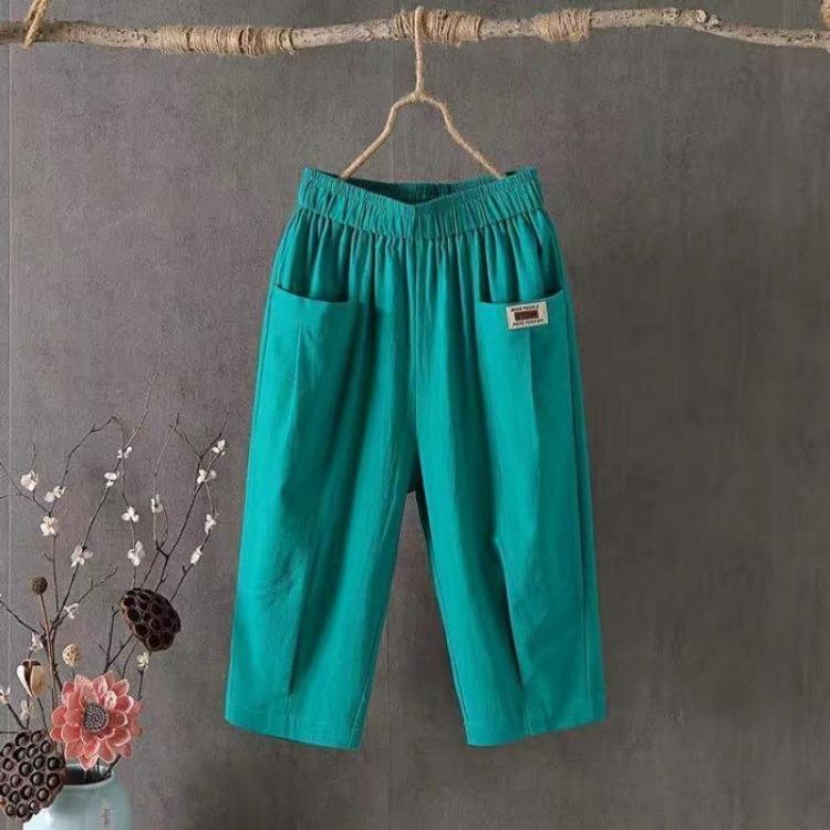 Women's Casual Summer Cotton Hemp Cropped Pants Wide Leg Mid Rise Elastic Waistband Solid Color Comfortable Trendy