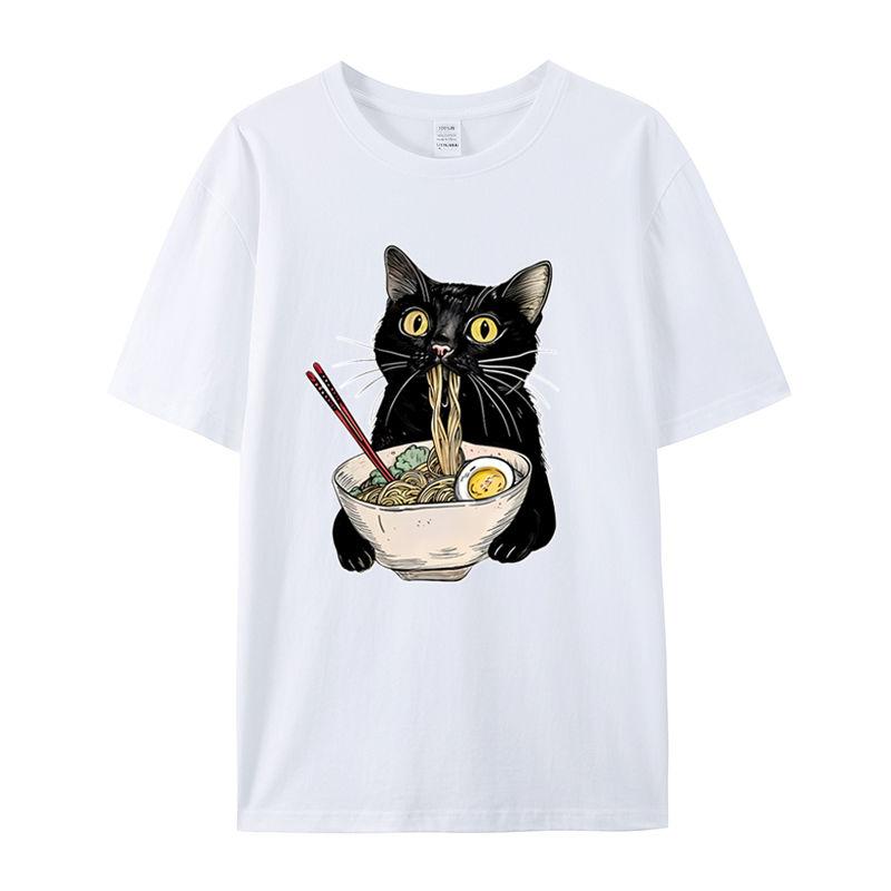 Cat Eats Noodles Pattern Print Men's T-Shirt Summer Vintage Kawaii Men's and Women's Surfing Beach T-Shirt Breathable Casual Top
