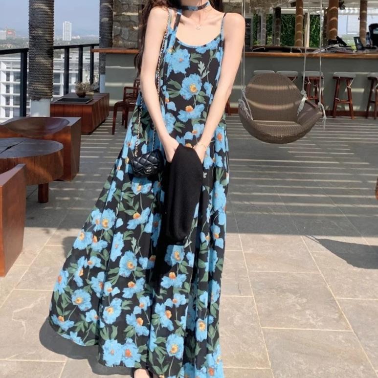 2026 New French Seaside Vacation Dress Texture High Sense Blue Color Sleeveless Suspender Dress Women's Summer