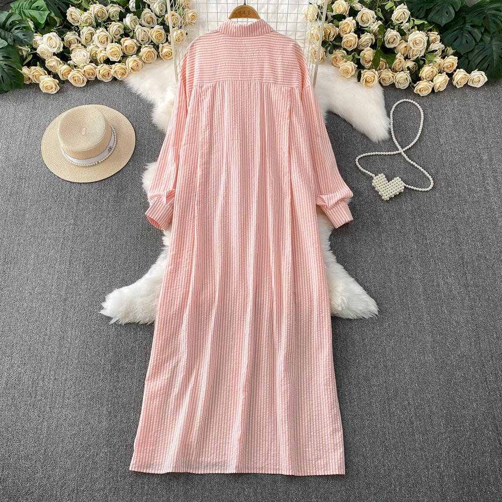 Wind casual temperament striped lapel shirt dress women's new single-breasted loose and thin dress