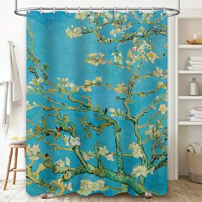 Van Gogh Blossoms Bath Mat Floral Decorative Shower Curtain With Vivid Print For Bathroom Accessories In Blue Green White Flower