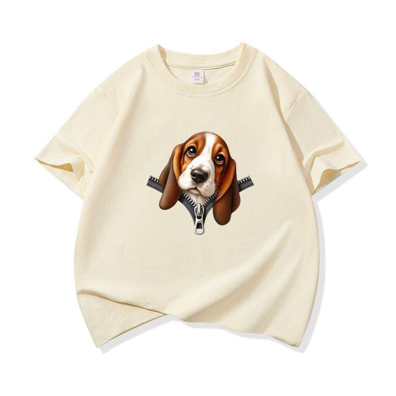 Kids Cotton T Shirt Cute Basset Hound Dog Zipper Print Crew Neck Short Sleeve Tee Casual Breathable Boys Girls Summer Tops