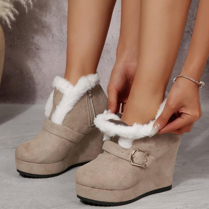 Stivali Invernali da Donna Moda Piattaforma Tacco a Zeppa Stivaletti Camoscio Sintetico Imbottiti Caldi Scarpe a Suola Spessa