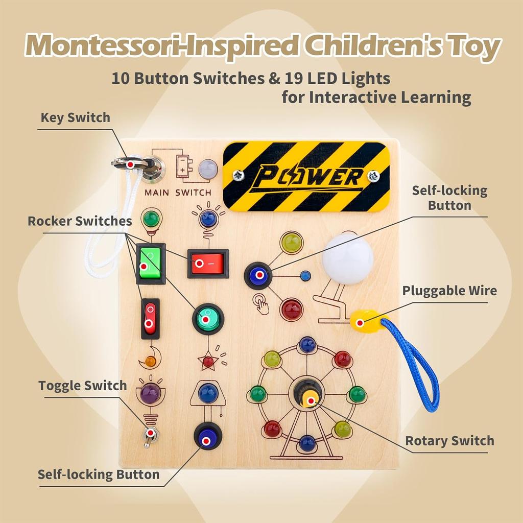 Montessori Toddler Switch Busy Board - Wooden LED Light Up Busy Boards Activities Sensory Educational Learning Travel Toys