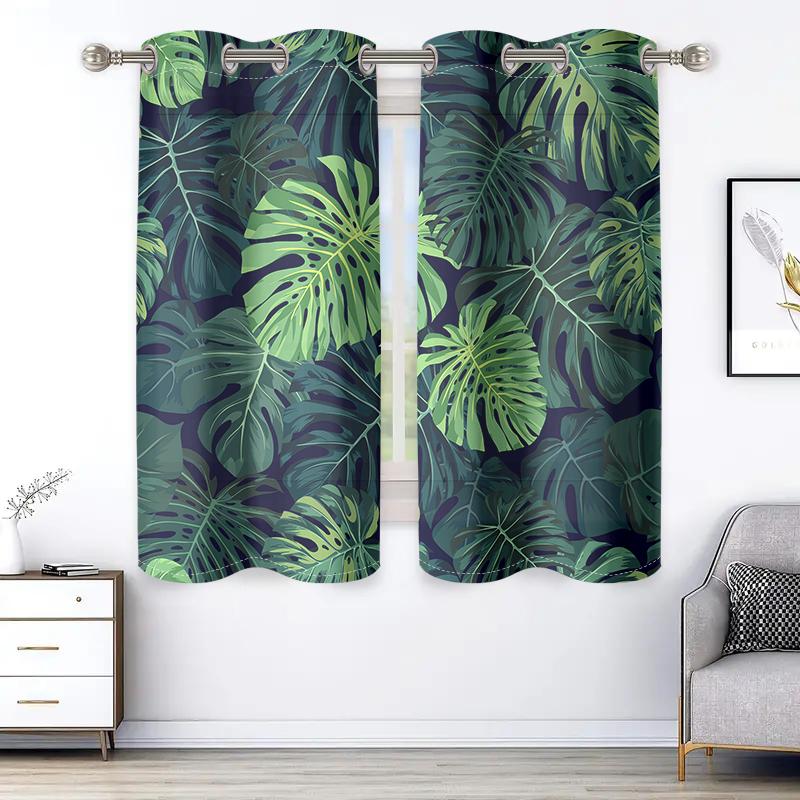2 Pieces, Tropical Palm Leaf Green Curtains - Semi Transparent - Suitable For Living Room, Bedroom, Office Home Decoration.