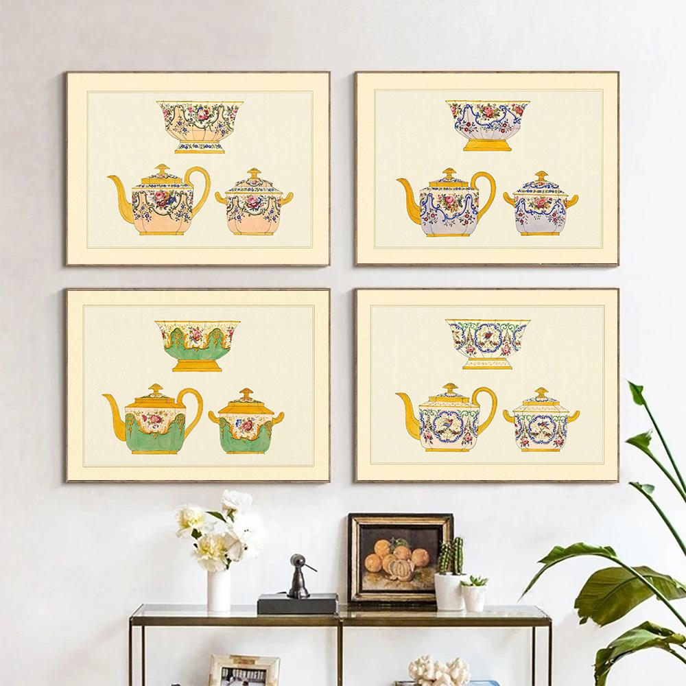 Vintage Teetassen Teekannen Teesets Feines Porzellan Kunstwerke Poster Drucke Leinwandgemälde Wandkunst Bild Wohnzimmer Heimdekor