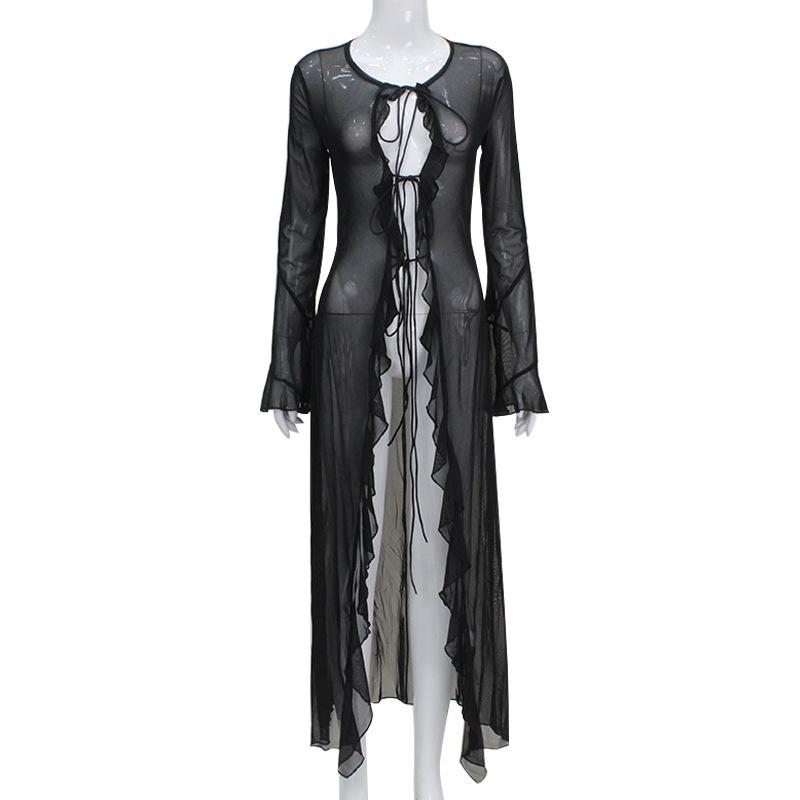 

Сексуальный стиль женский сетчатый кружевной полукардиган с длинными рукавами и деревянным краем уха перспективное модное платье M чёрный