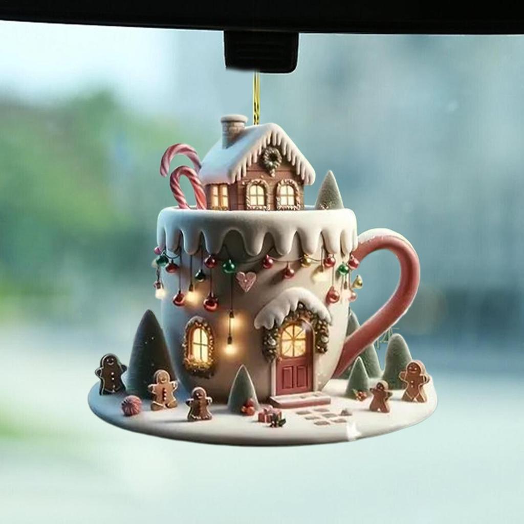 Christmas Decor Coffee Cup Ornaments 2D Acrylic flat Christmas Snow Houses Chocolate Mug Pendant  Christmas tree pendant